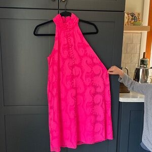 Short LILLY PULITZER vivid pink buttoned high neck halter dress